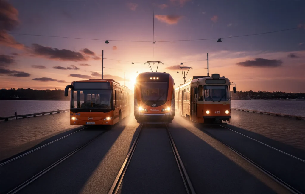 An orange bus, train and tram on a bridge in the archipelago, in the sunset