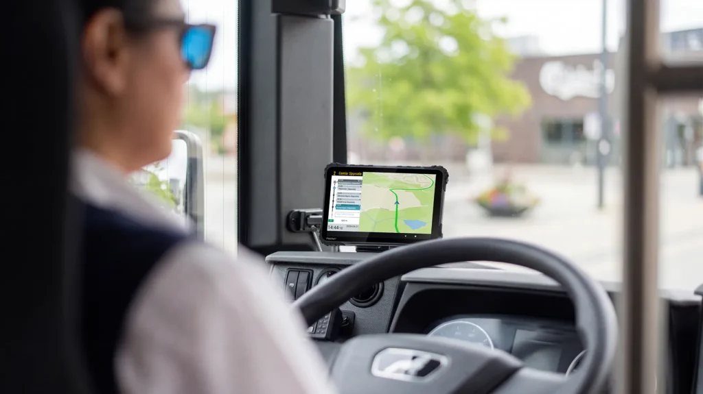 The FK306 in a bus with LinjeGuiden on the screen