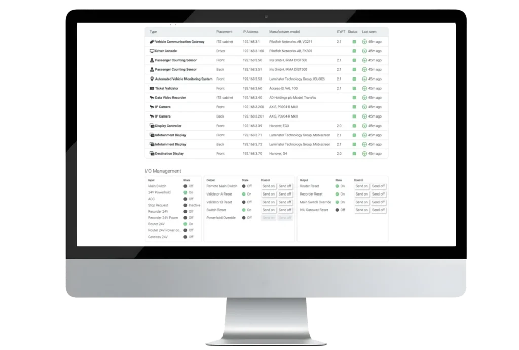 Onboard Insight interface showing I/O Management with input and output states and remote control options for onboard systems