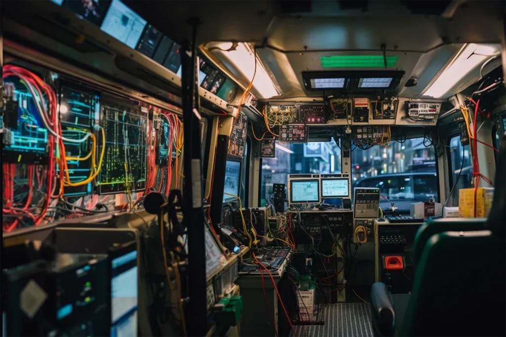 Inside a bus with cables and IoT systems being installed (AI)